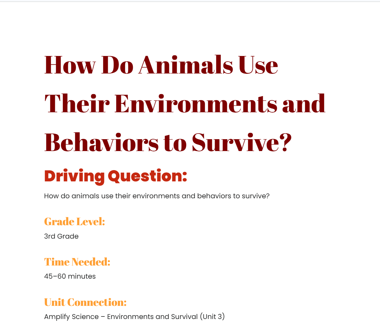 Animal Lesson Plan Screenshot